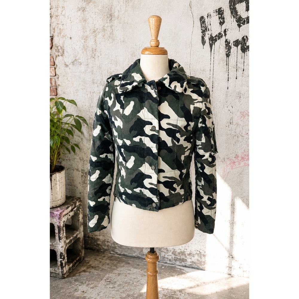 Y2K Camo Cropped  Quilted Utility Jacket Military Cargo Moto Size M Streetwear